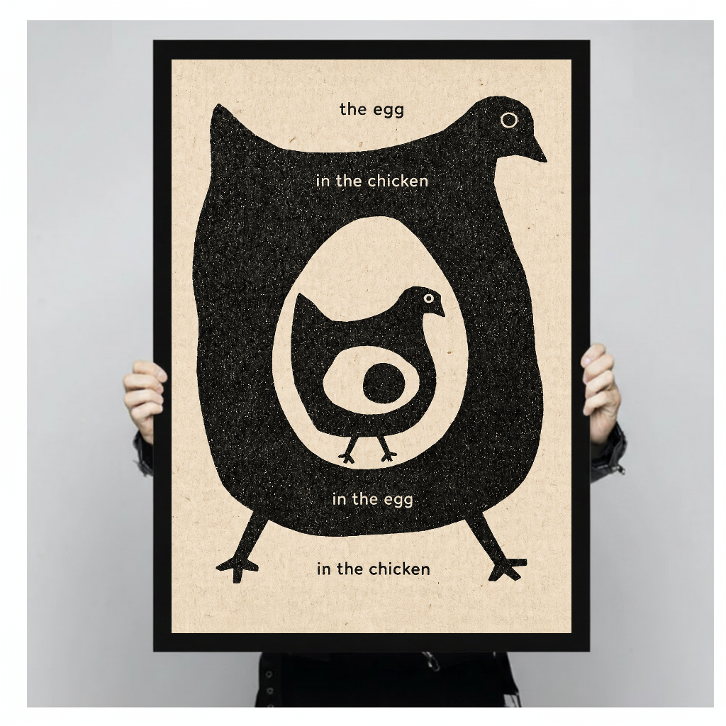 Framed artwork of a chicken and egg question held by a person against a pale backdrop.