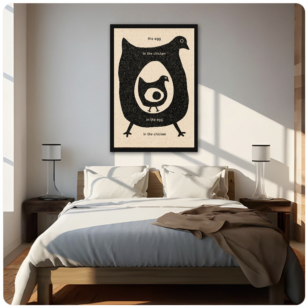 Framed artwork of a chicken and egg question above a neutral bed with bedside lamps.