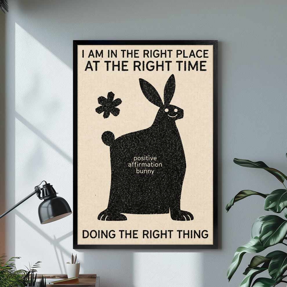 Black framed canvas depicting a bunny with an encouraging affirmation on a bright desk with a lamp.