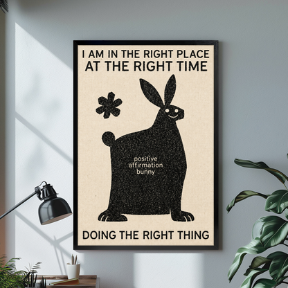 Black framed canvas depicting a bunny with an encouraging affirmation on a bright desk with a lamp.