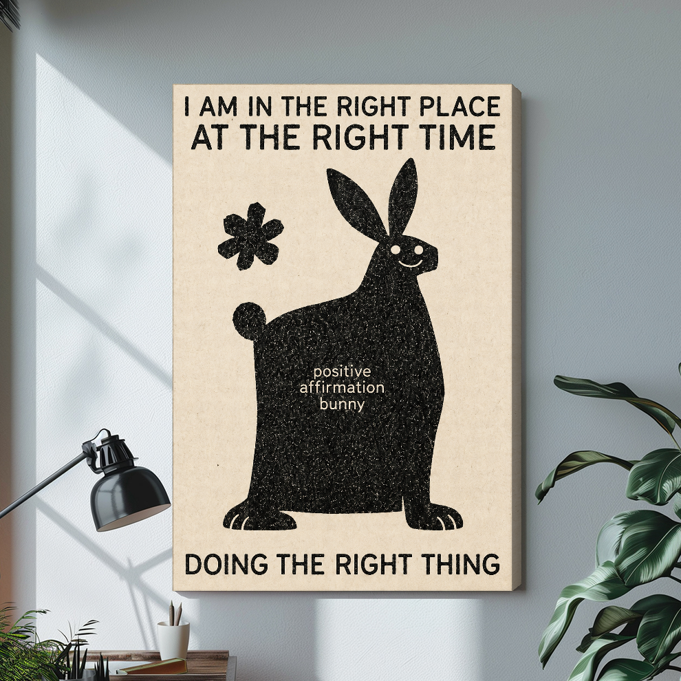 Stretched canvas depicting a bunny with an encouraging affirmation displayed on a bright desk with a lamp.