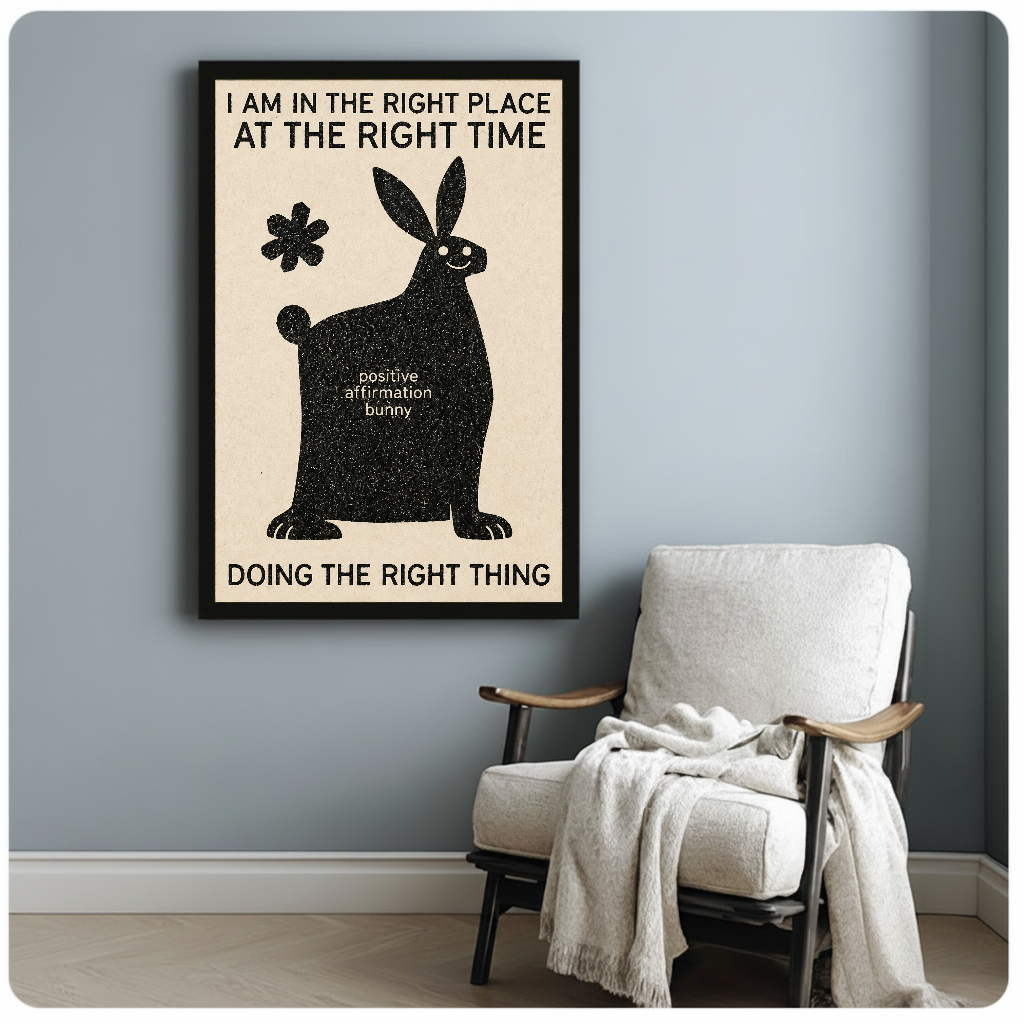 Framed artwork of a bunny with an encouraging affirmation beside a pale reading chair against a gray wall.