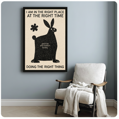 Framed artwork of a bunny with an encouraging affirmation beside a pale reading chair against a gray wall.