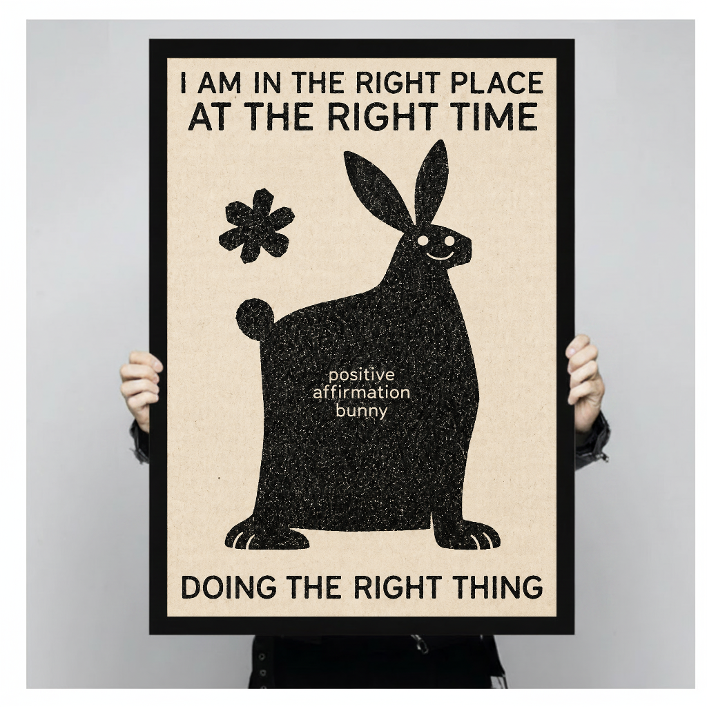 Framed artwork of a bunny with an encouraging affirmation held by a person against a pale backdrop.