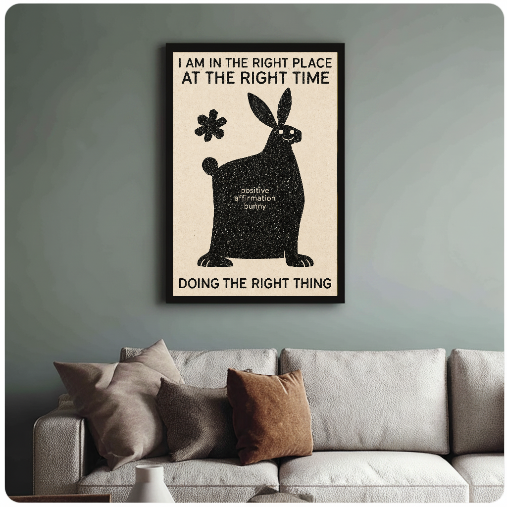 Framed artwork of a bunny with an encouraging affirmation above a sofa with muted cushions.