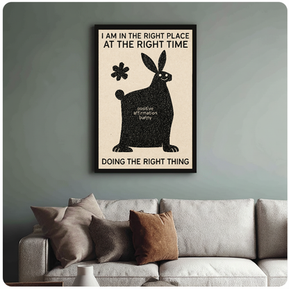 Framed artwork of a bunny with an encouraging affirmation above a sofa with muted cushions.