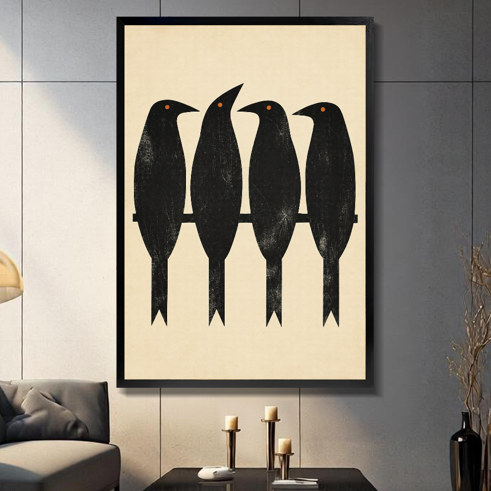 Black framed canvas depicting four black birds perched along a branch on a gray paneled wall with candles.