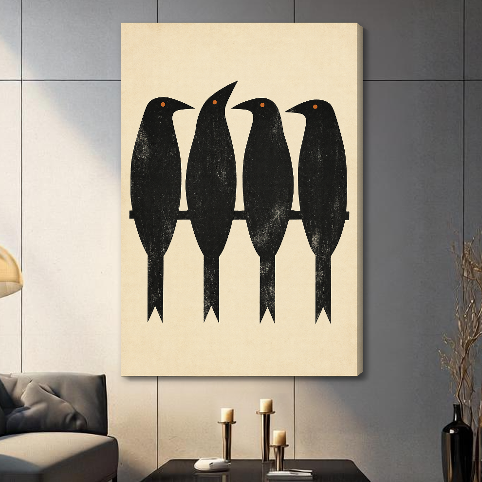 Stretched canvas depicting four black birds perched along a branch displayed on a gray paneled wall with candles.