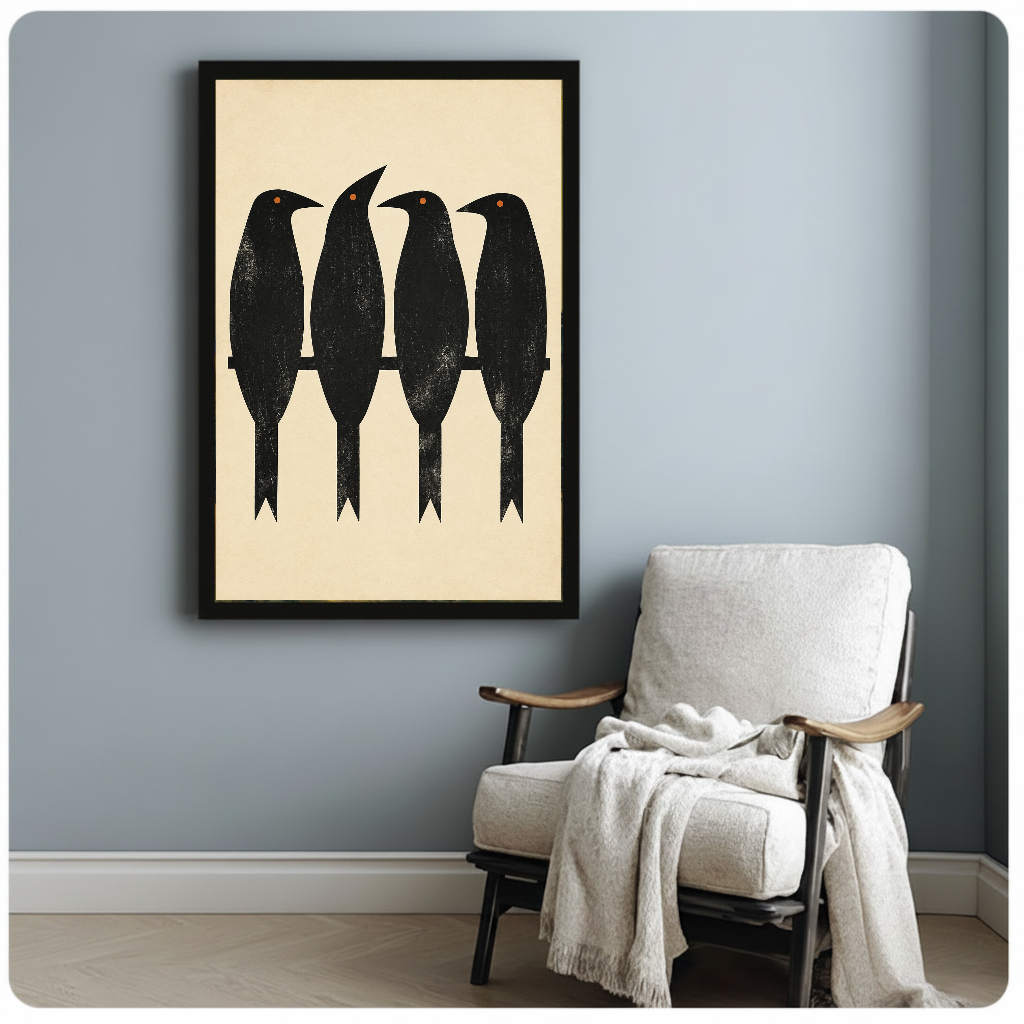 Framed artwork of four black birds perched along a branch beside a pale reading chair against a gray wall.