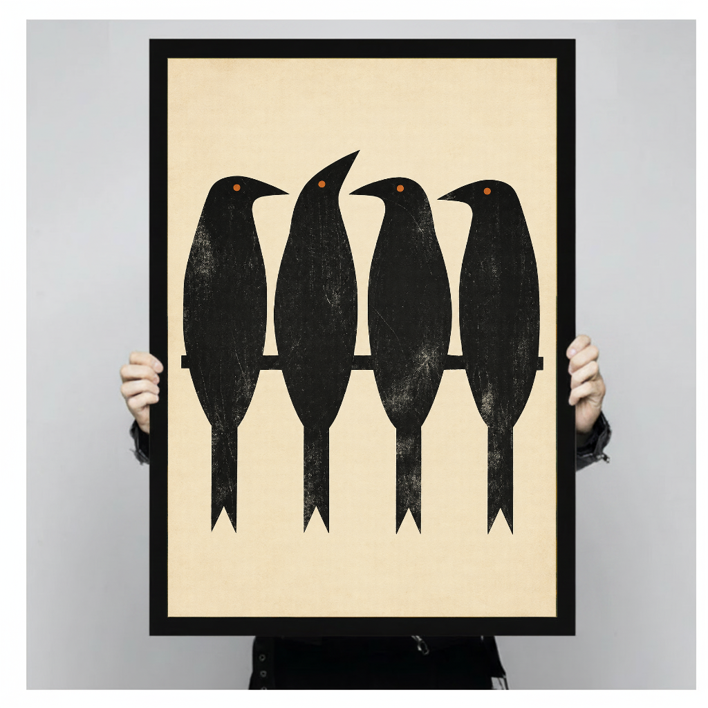 Framed artwork of four black birds perched along a branch held by a person against a pale backdrop.