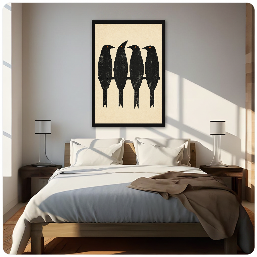 Framed artwork of four black birds perched along a branch above a neutral bed with bedside lamps.