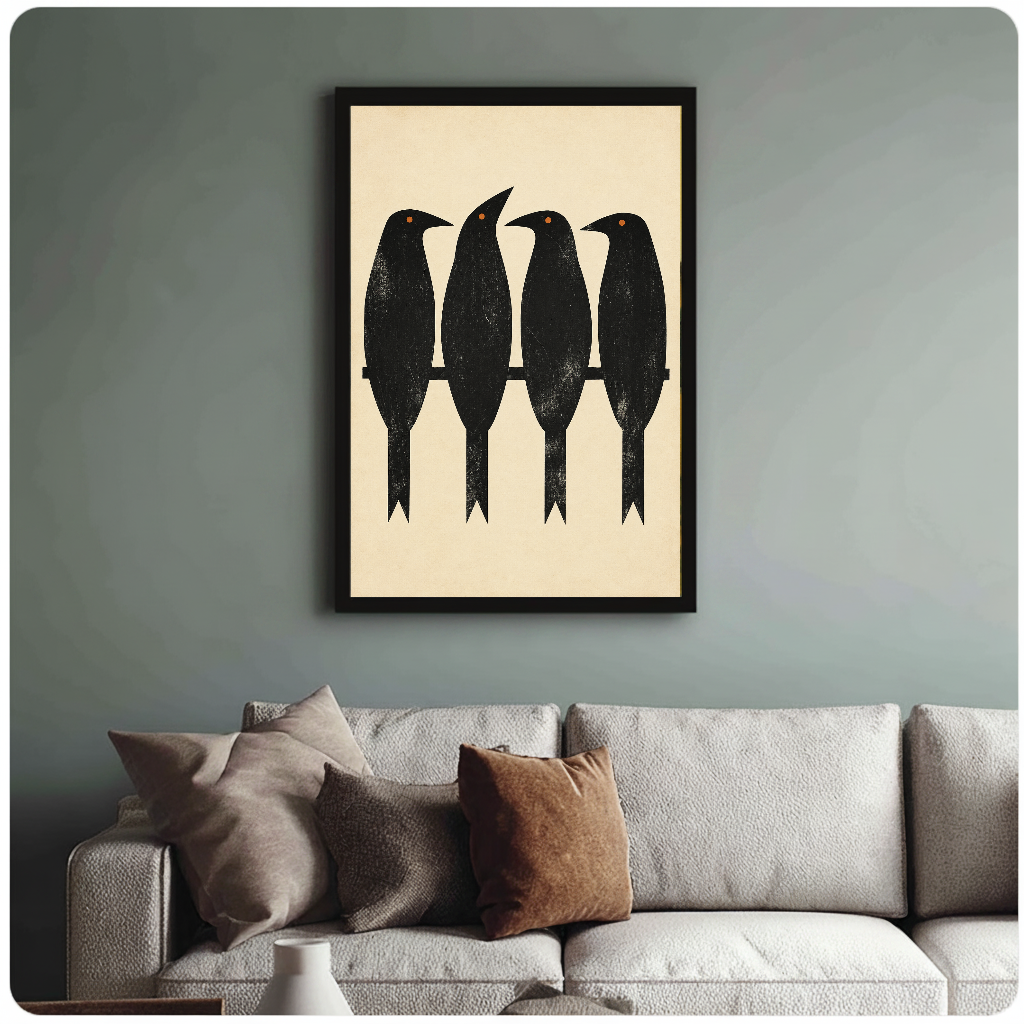 Framed artwork of four black birds perched along a branch above a sofa with muted cushions.