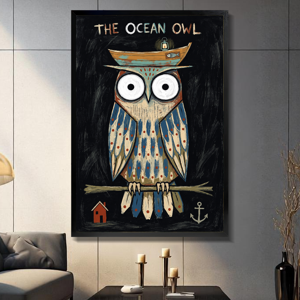 Black framed canvas depicting an owl wearing a boat hat on a gray paneled wall with candles.