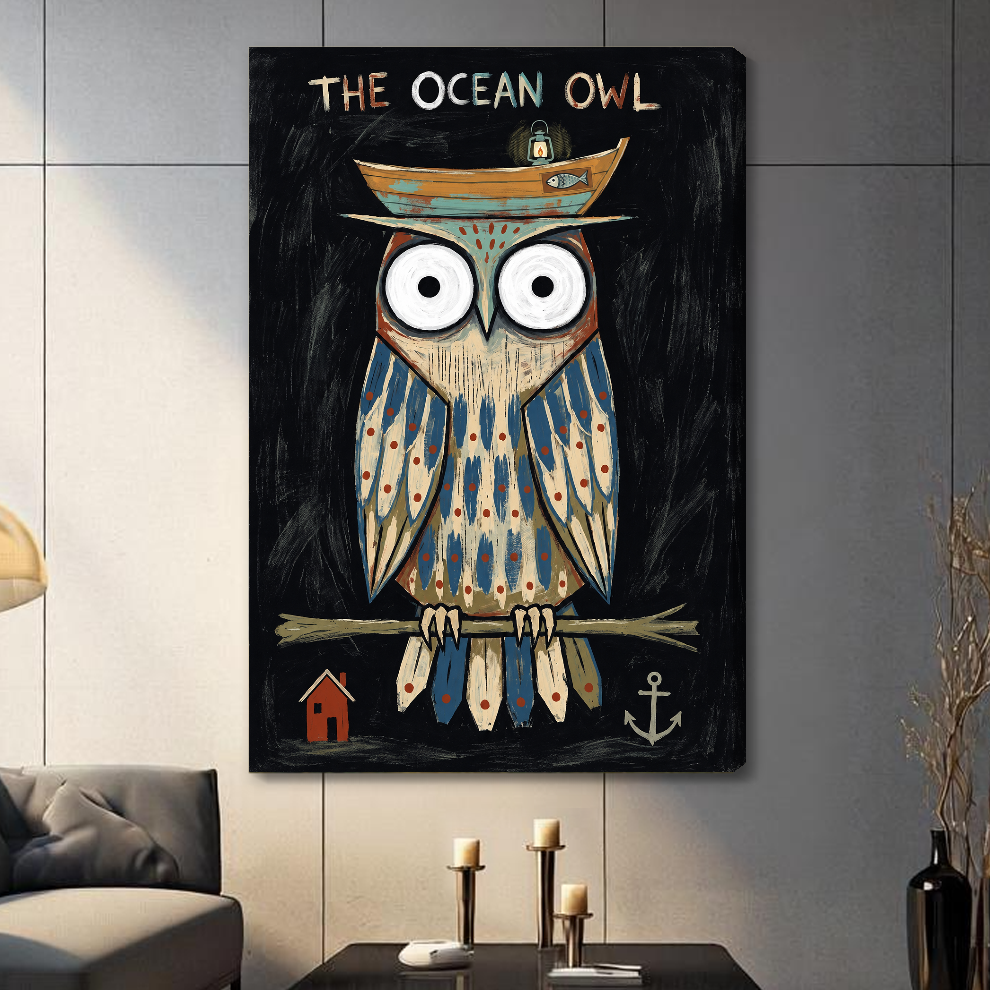 Stretched canvas depicting an owl wearing a boat hat displayed on a gray paneled wall with candles.