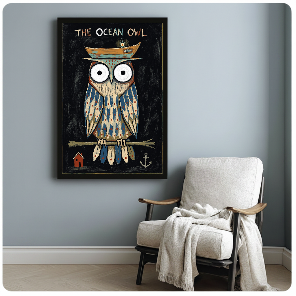 Framed artwork of an owl wearing a boat hat beside a pale reading chair against a gray wall.