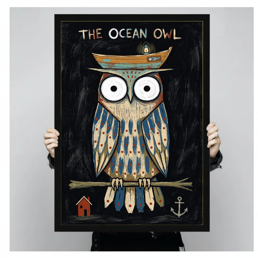 Framed artwork of an owl wearing a boat hat held by a person against a pale backdrop.