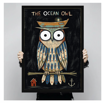 Framed artwork of an owl wearing a boat hat held by a person against a pale backdrop.