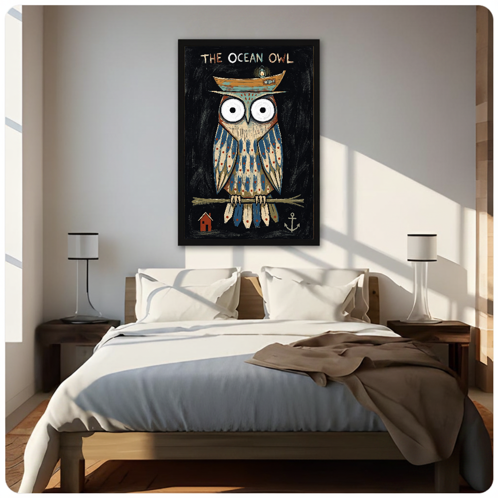 Framed artwork of an owl wearing a boat hat above a neutral bed with bedside lamps.