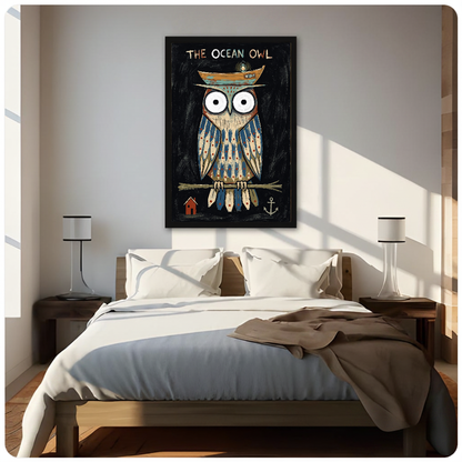 Framed artwork of an owl wearing a boat hat above a neutral bed with bedside lamps.
