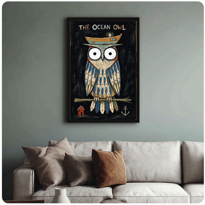 Framed artwork of an owl wearing a boat hat above a sofa with muted cushions.
