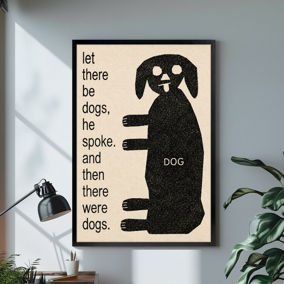 Black framed canvas depicting a dog beside whimsical creation text on a bright desk with a lamp.