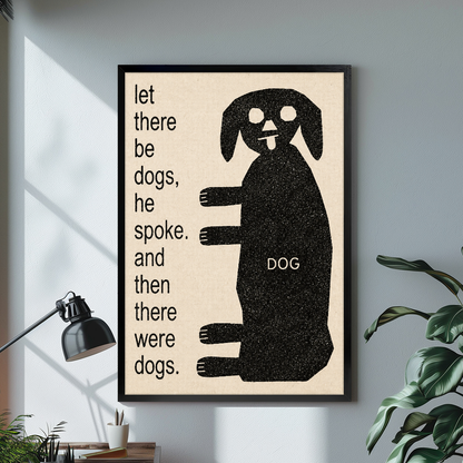 Black framed canvas depicting a dog beside whimsical creation text on a bright desk with a lamp.