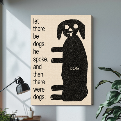 Stretched canvas depicting a dog beside whimsical creation text displayed on a bright desk with a lamp.