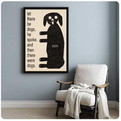 Framed artwork of a dog beside whimsical creation text beside a pale reading chair against a gray wall.