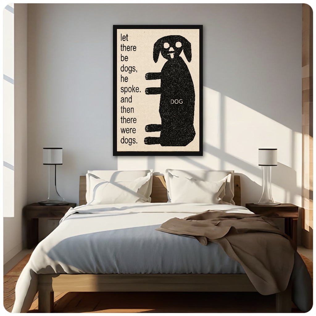 Framed artwork of a dog beside whimsical creation text above a neutral bed with bedside lamps.