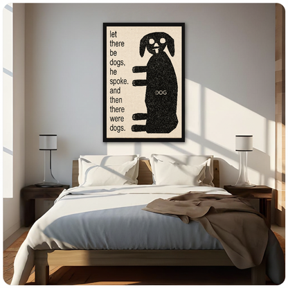Framed artwork of a dog beside whimsical creation text above a neutral bed with bedside lamps.