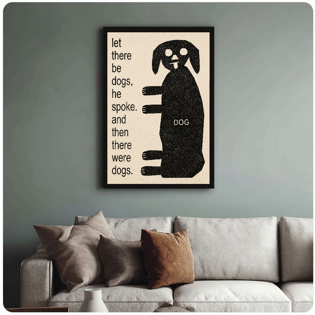 Framed artwork of a dog beside whimsical creation text above a sofa with muted cushions.