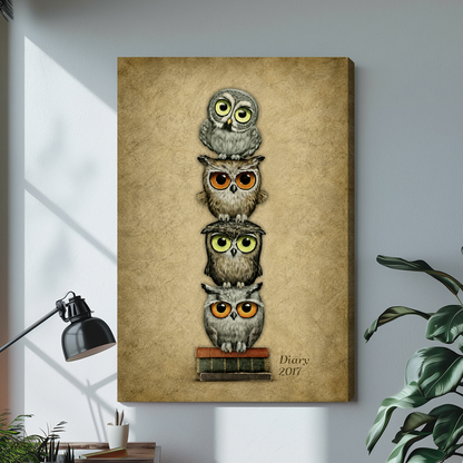 Stretched stacked bookish owls canvas above a light desk, showing a shaded wrapped side edge.