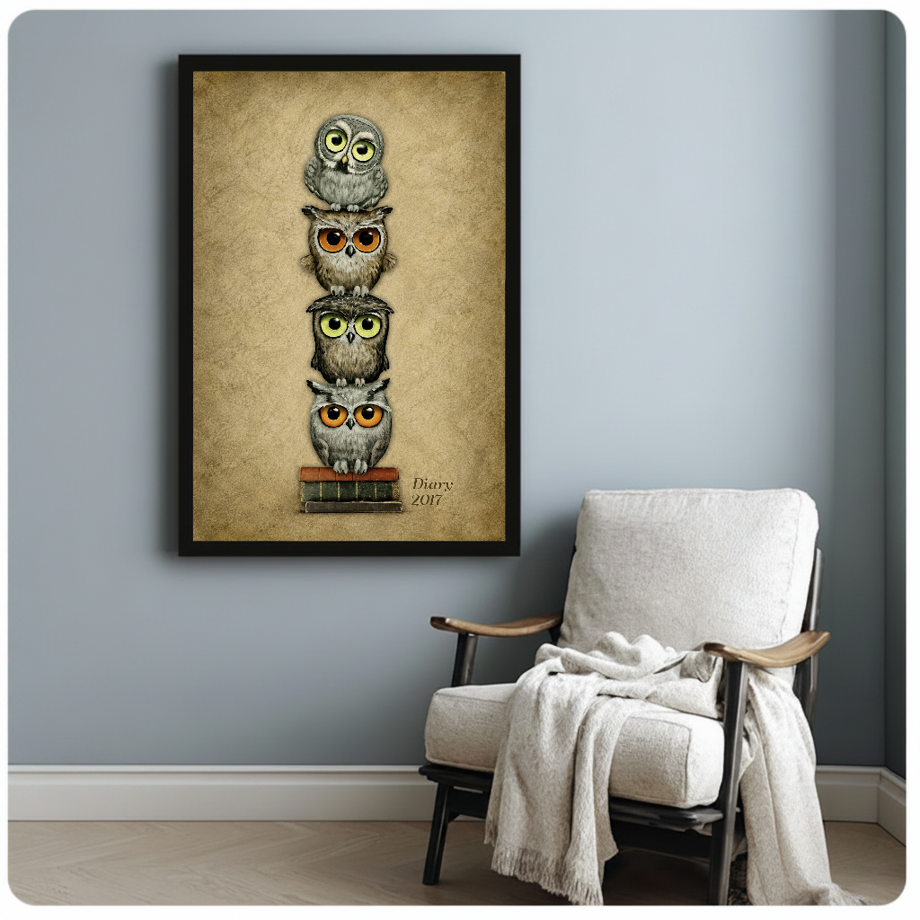 Framed stacked bookish owls artwork beside a pale reading chair against a blue-gray wall.