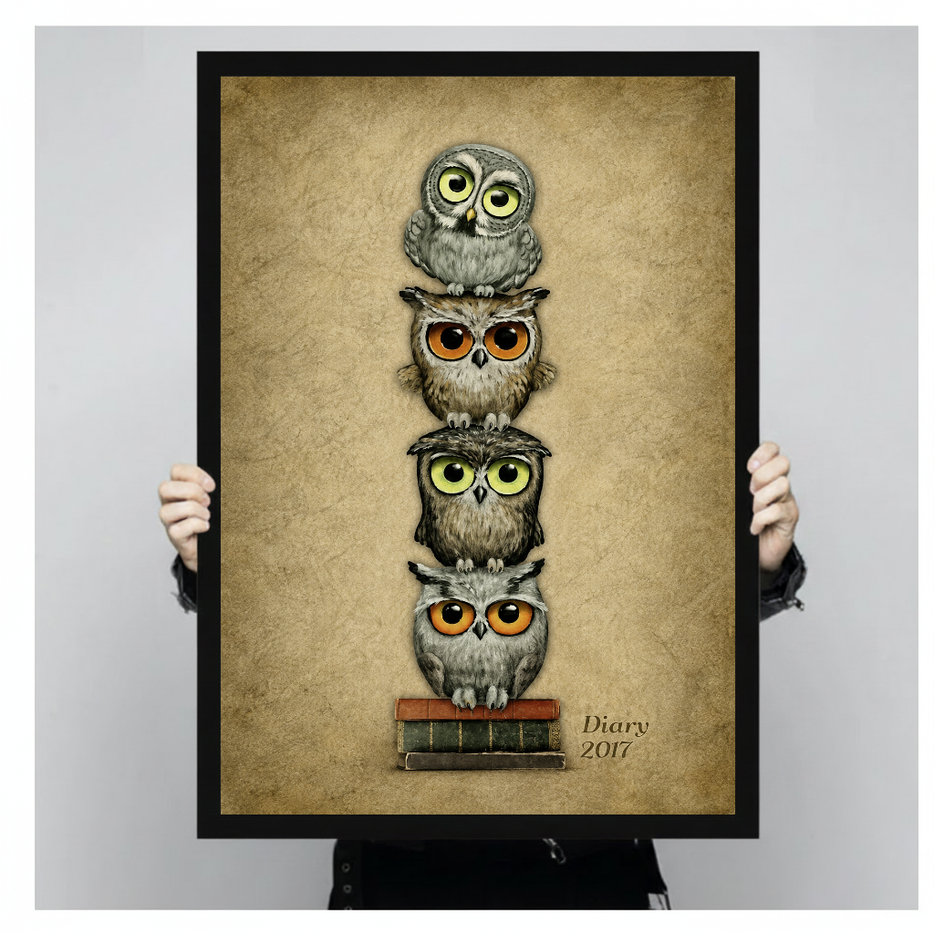 Person holding black framed stacked bookish owls artwork against a plain pale background.