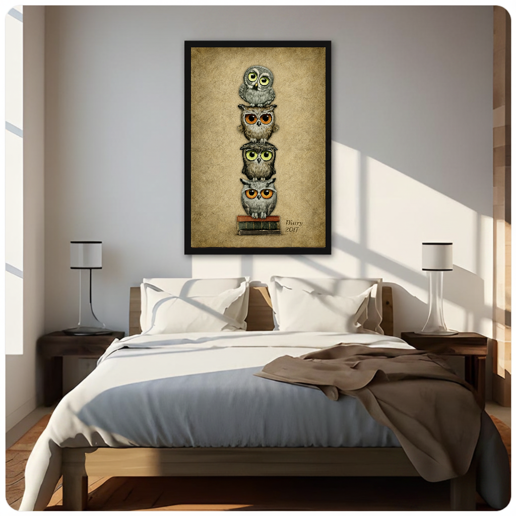 Stacked bookish owls canvas above a neutral bed with lamps and soft window light.