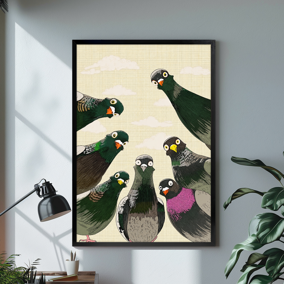 Black framed canvas depicting seven pigeons peering down from above on a bright desk with a lamp.