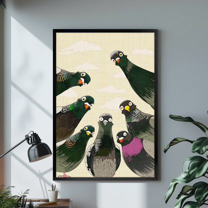 Black framed canvas depicting seven pigeons peering down from above on a bright desk with a lamp.