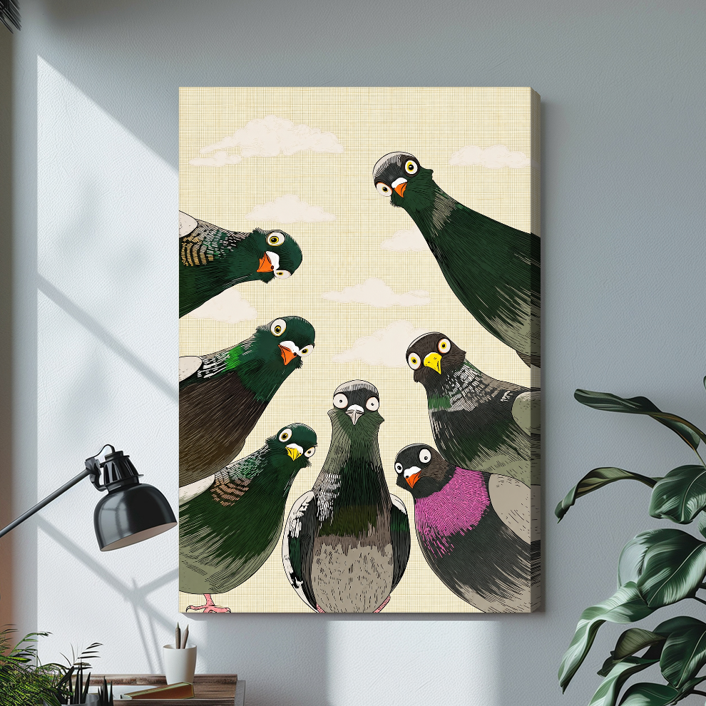 Stretched canvas depicting seven pigeons peering down from above displayed on a bright desk with a lamp.