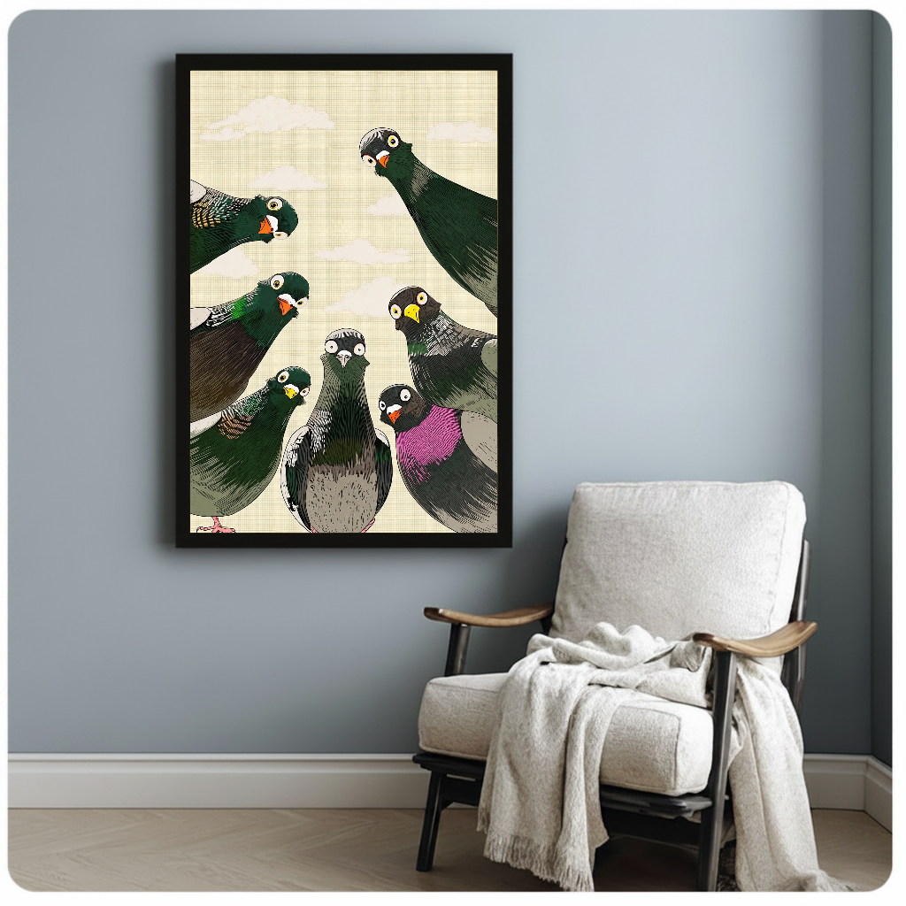 Framed artwork of seven pigeons peering down from above beside a pale reading chair against a gray wall.