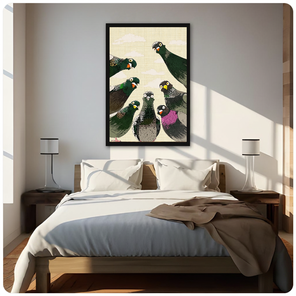 Framed artwork of seven pigeons peering down from above above a neutral bed with bedside lamps.