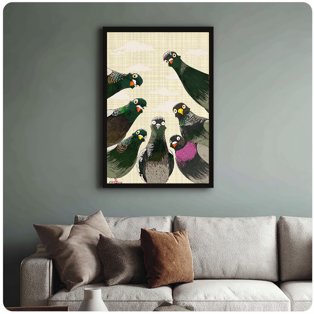 Framed artwork of seven pigeons peering down from above above a sofa with muted cushions.