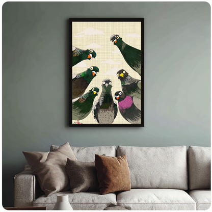 Framed artwork of seven pigeons peering down from above above a sofa with muted cushions.