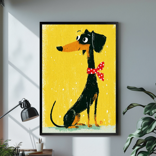 Black framed yellow dachshund canvas above a bright desk with lamp and green plant.