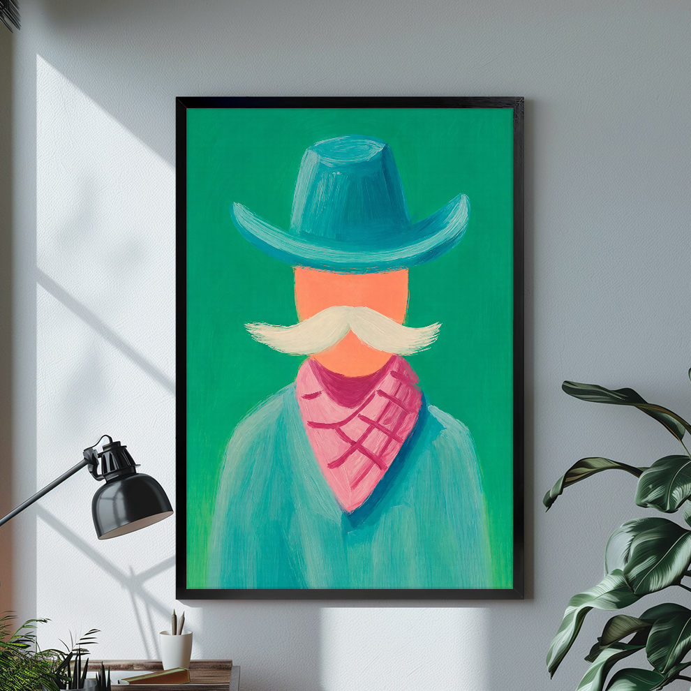 Black framed canvas depicting a stylized cowboy with a teal hat on a bright desk with a lamp.