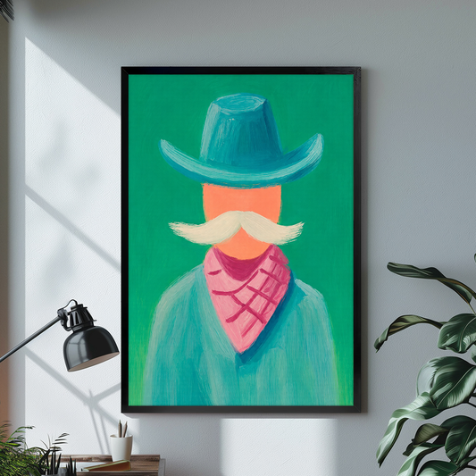 Black framed canvas depicting a stylized cowboy with a teal hat on a bright desk with a lamp.