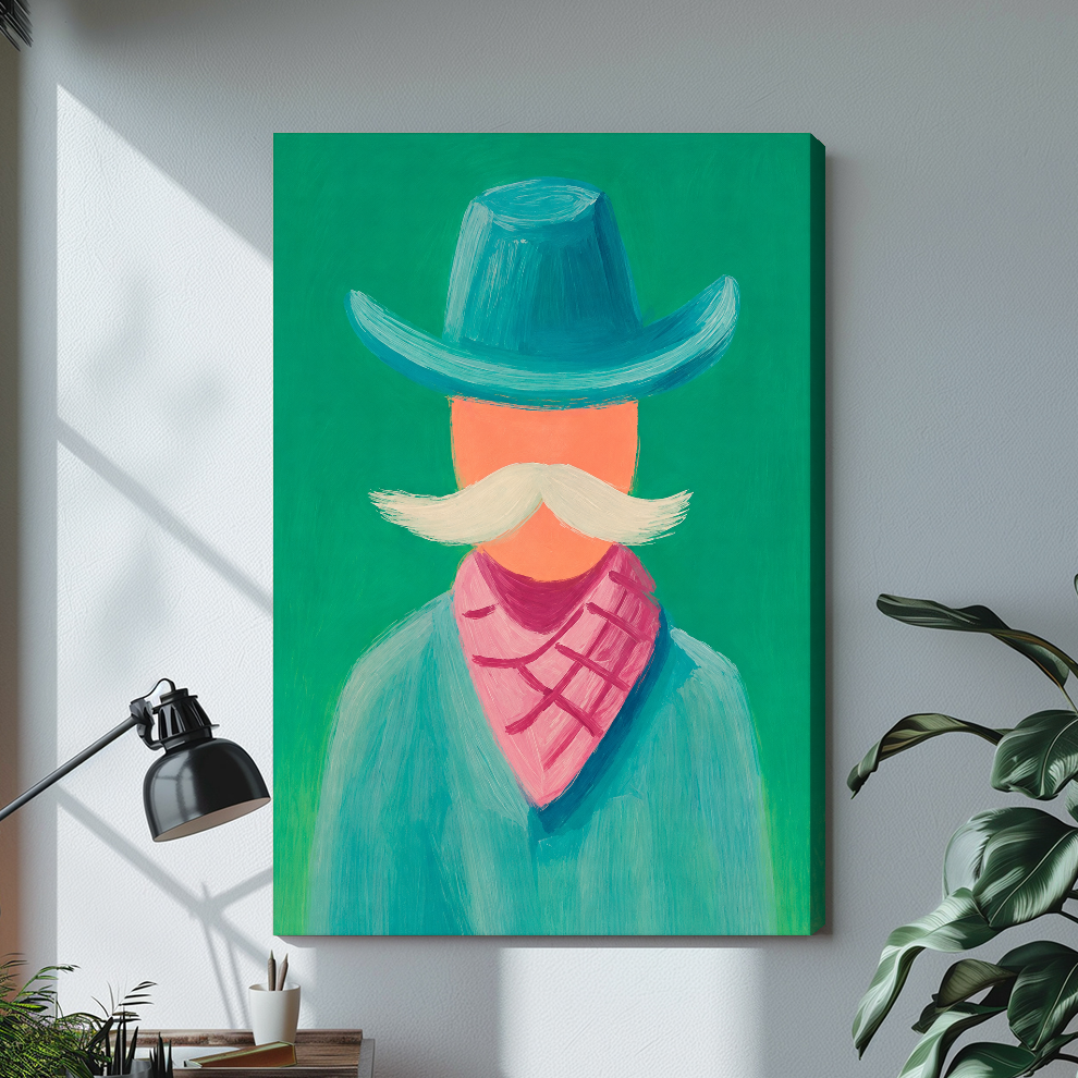 Stretched canvas depicting a stylized cowboy with a teal hat displayed on a bright desk with a lamp.