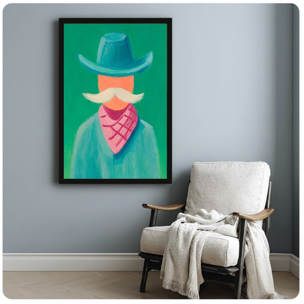Framed artwork of a stylized cowboy with a teal hat beside a pale reading chair against a gray wall.