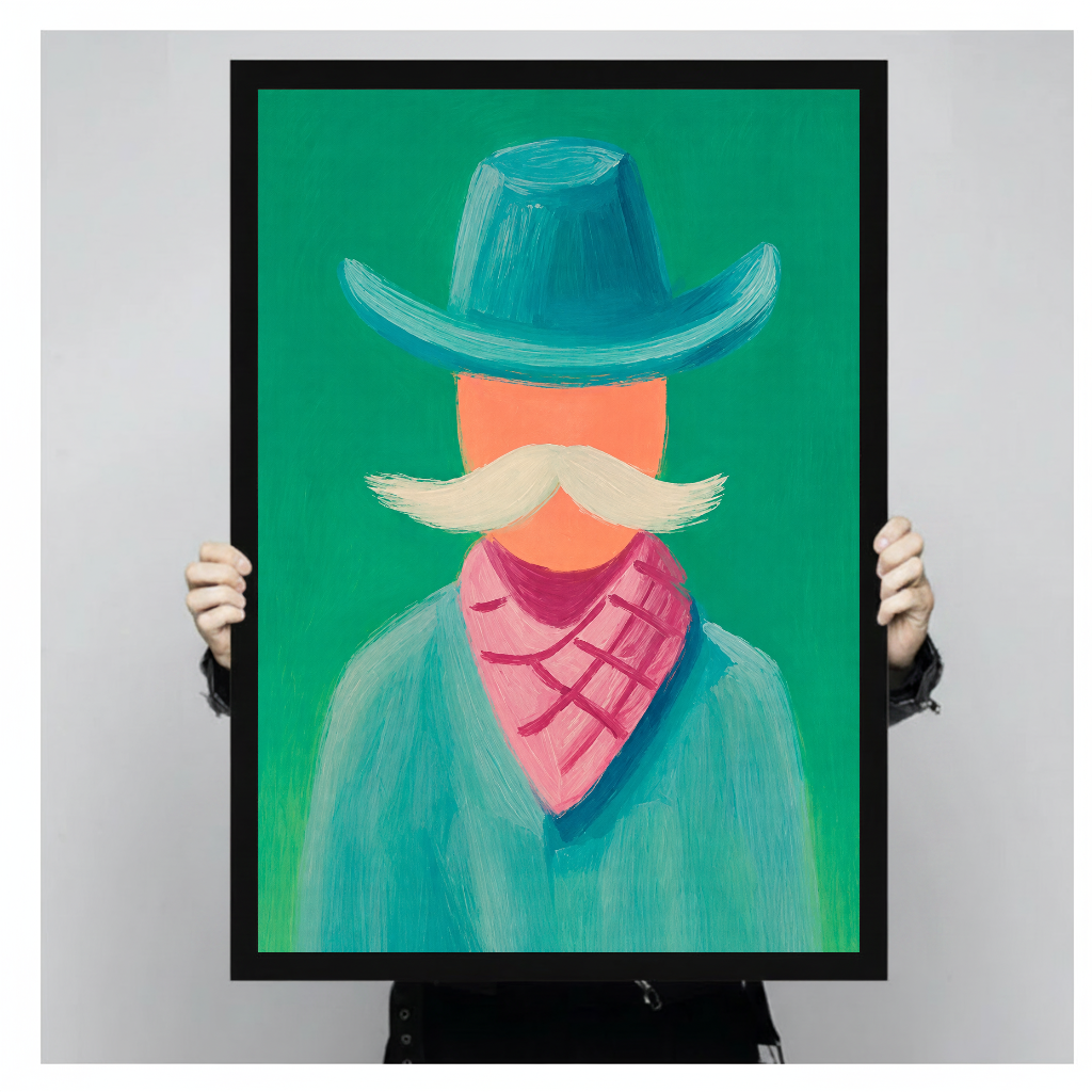 Framed artwork of a stylized cowboy with a teal hat held by a person against a pale backdrop.