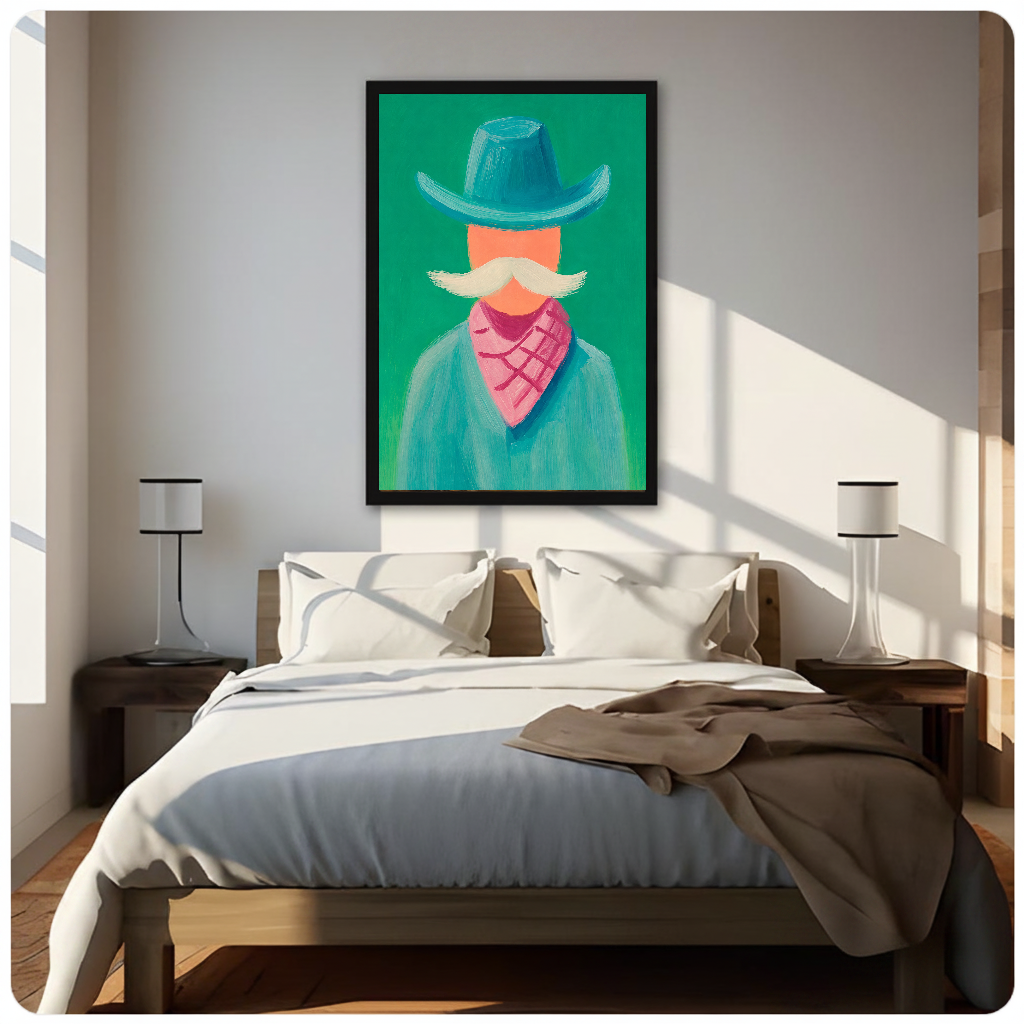 Framed artwork of a stylized cowboy with a teal hat above a neutral bed with bedside lamps.