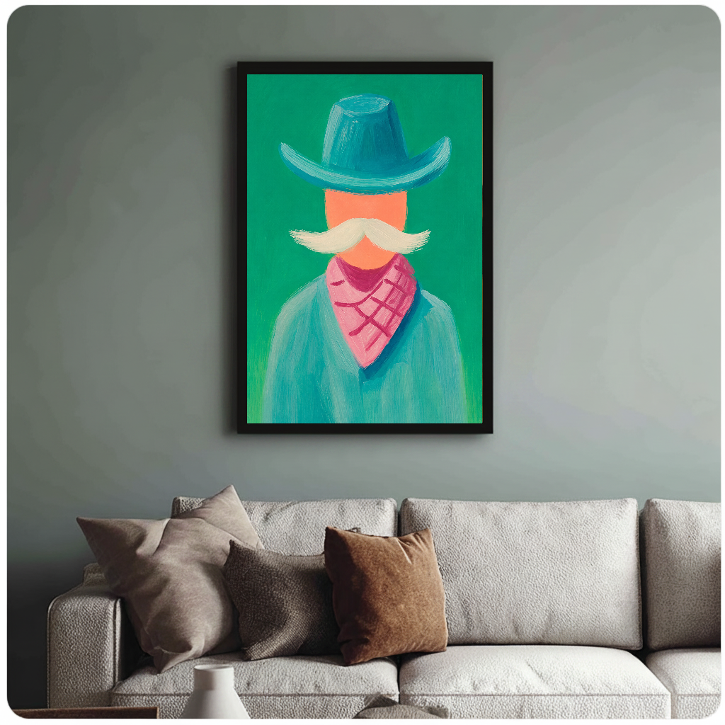 Framed artwork of a stylized cowboy with a teal hat above a sofa with muted cushions.